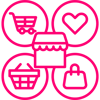 Image of a pink icon with a cart, heart, shopping basket, and handbag surrounding a shop