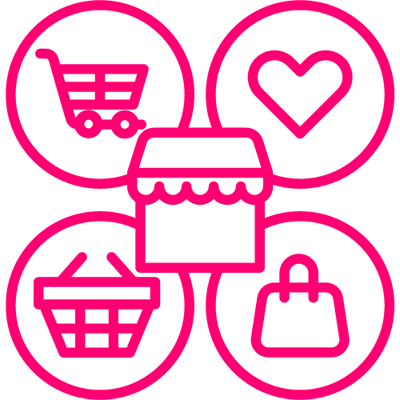 Image of a pink icon with a cart, heart, shopping basket, and handbag surrounding a shop