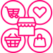 Image of a pink icon with a cart, heart, shopping basket, and handbag surrounding a shop