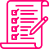 Pink icon with a document, four check marks and a pen