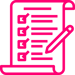 Pink icon with a document, four check marks and a pen