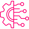 Vector icon in pink of half a cog and half a neural network