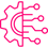 Vector icon in pink of half a cog and half a neural network