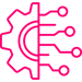 Vector icon in pink of half a cog and half a neural network