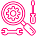 Vector icon in pink of a wrench and a screwdriver around a magnifying glass with a cog in it