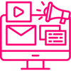 Pink digital screen icon representing communication and media with letter, messages, play icon, and a loudspeaker