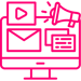 Pink digital screen icon representing communication and media with letter, messages, play icon, and a loudspeaker