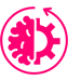 A pink icon of half a brain and half a cog working together