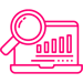 Pink icon with Laptop displaying a bar graph with a magnifying glass