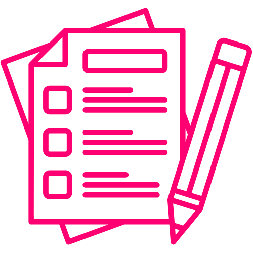 A pink icon with two pieces of paper with check boxes and a pen