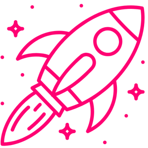 Pink icon of a rocket ship in space