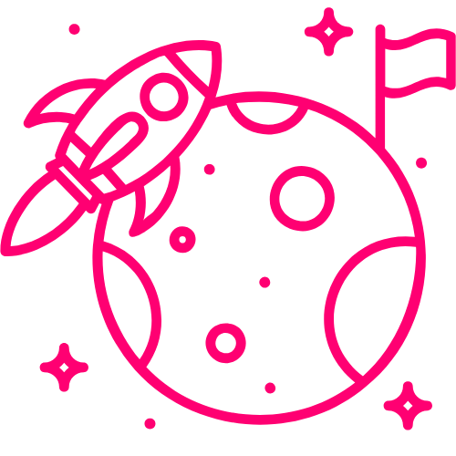 A pink icon of a rocket ship hovering above a planet with a flag on it