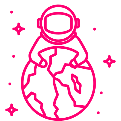 A pink icon of a spaceman holding earth while floating in space 