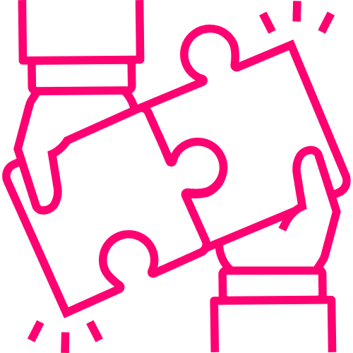 Pink icon of two puzzle pieces being put together