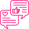 A pink icon with two speech bubbles each depicting a heart and a thumbs-up