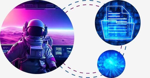 Three orbs arranged in a row: the first orb features an astronaut representing space exploration, the second orb displays digital files symbolizing technology and information, and the third orb illustrates interconnected neural networks, depicting artificial intelligence and data processing