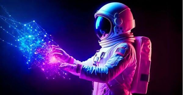 Astronaut interacting with neural networks in hues of pink and blue on a black background.