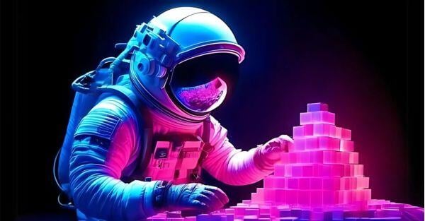 An astronaut building blocks arranged against a black backdrop, illuminated with vibrant shades of pink and blue.