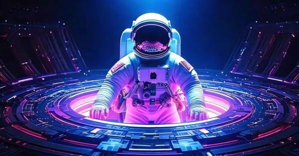 An astronaut floats in the center of a large, circular metallic structure, surrounded by intricate cables that extend outward, creating a futuristic and complex environment.