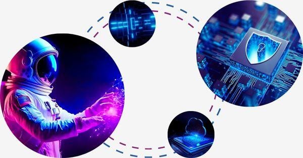 Four interconnected orbs, linked by dotted lines, symbolize the integration of artificial intelligence in strategic planning and connection, highlighting its role in achieving efficient outcomes