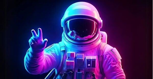 An astronaut against a backdrop of pink and blue lighting, holding up three fingers to convey a message.