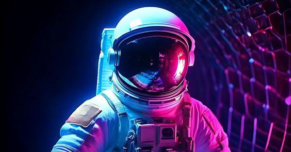 An astronaut in a full space suit gazes directly at the camera, set against a textured background featuring metallic surfaces and vibrant hues of purple, pink, and blue.