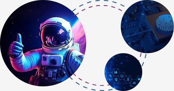 Three colorful orbs designed to symbolize collaboration and unity. One orb features an astronaut, while the other two display abstract digital patterns, representing the interconnected nature of teamwork and innovation.